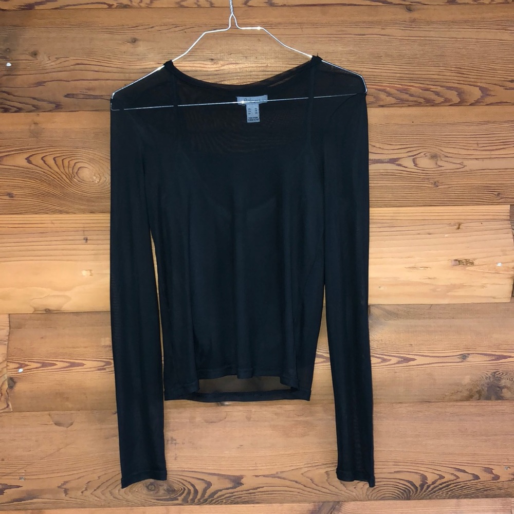 Long sleeve mesh shirt with cropped tank top.